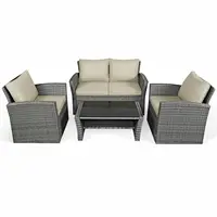Patiojoy 4PCS Patio Rattan Furniture Set Sofa Table Storage Shelf Khaki Cushion  HW67841ABN