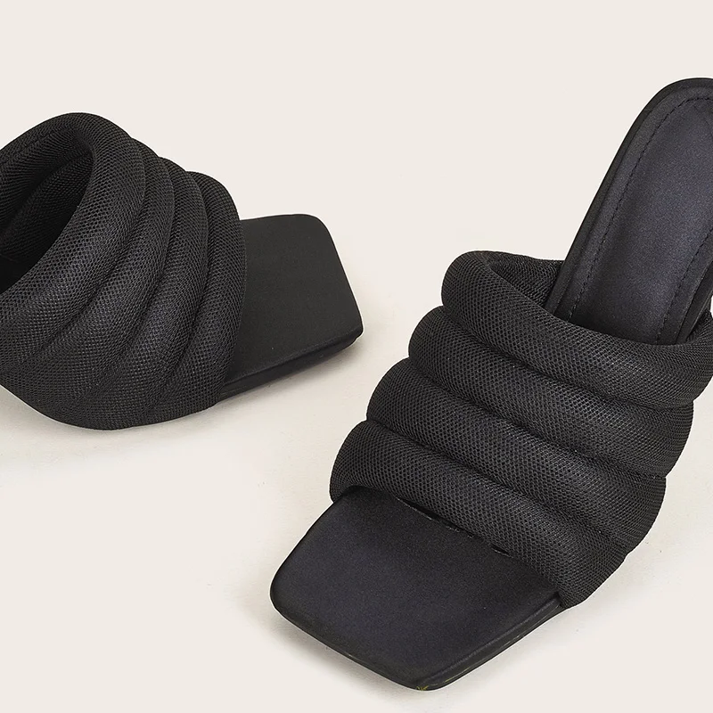 

[fvfv]10CM Heels Fashion2021 Summer Slippers Women Mules Head Peep Toe Thin Pleated High Heel Fashion Slip On Punk Ladies Party