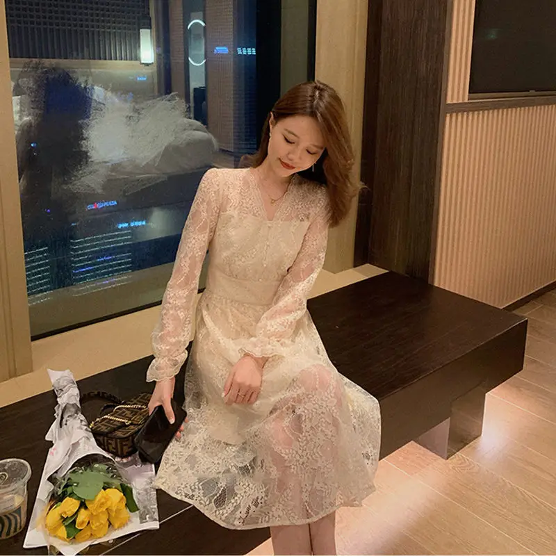 

Elegant Sexy Lace Black Dress Korean Slim Women Long Sleeve Midi Dress Winter One-piece Lady Evening Party Dresses for Women New