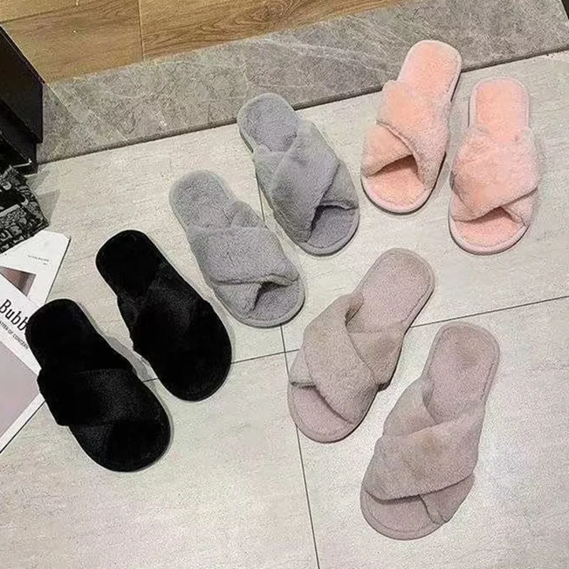 

Тапки женские домашние из искусственного меха, теплые меховые, без застежки, плоская подошва, зимние сланцы