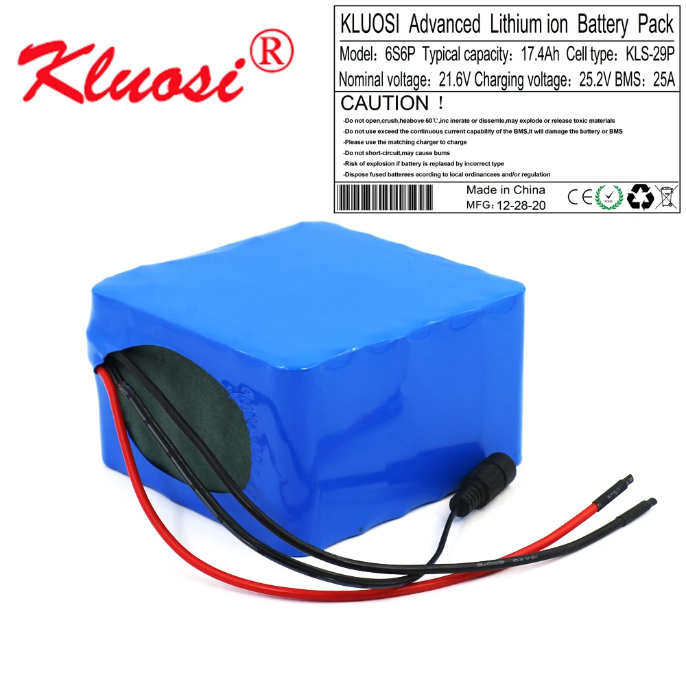 

KLUOSI 6S6P 21.6V 24V 17.4Ah 18Ah 25.2V Lithium Battery Pack with 25A BMS for Electric Bicycle Ebike Scooter Wheelchair Cropper