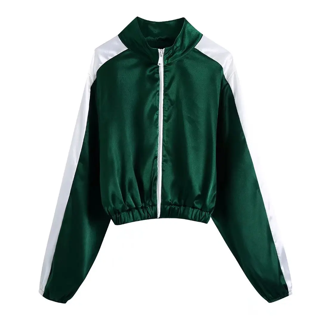 

Женская атласная куртка Sherouse, повседневная Элегантная куртка с длинным рукавом и высоким воротником в контрастную полоску