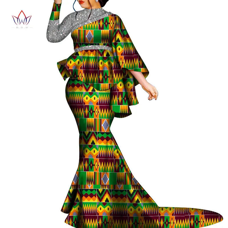 

African Clothes for Women Bazin Riche Floral Printed 2 Piece Sets Irregular Bat Sleeve Top and Long Skirts Lady's Party Outfits