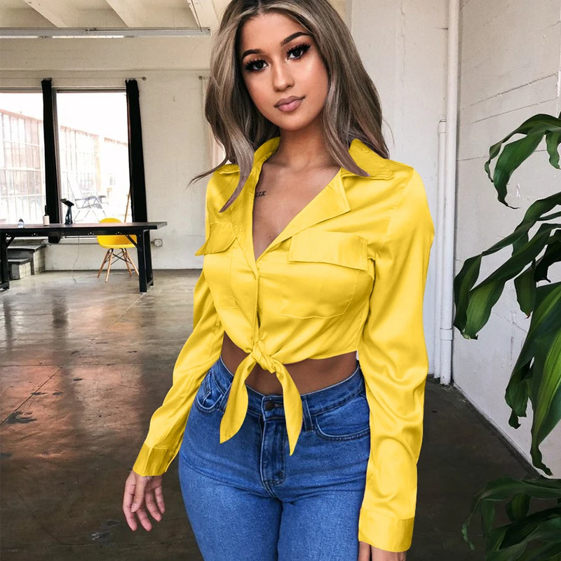 TITAME атласная блузка для женщин на шнуровке с длинными рукавами и отложным