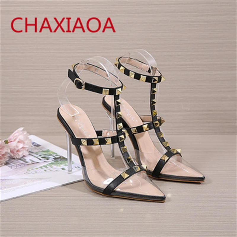 

CHAXIAOA Gold Rivets Studs Women High Heels Sandals Pointed Toe Buckle Strap Thin Heels Pumps Ladies Party Shoes Woman Sandals