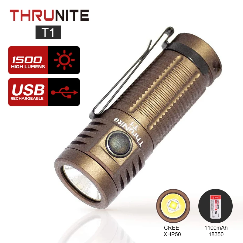 

ThruNite T1 Handheld Flashlights Magnetic Deserttan USB Rechargeable EDC Stepless Dimming 1500 lumens Pocket Flashlight Original
