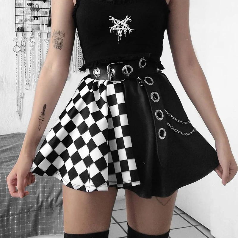 

Black White Plaid Checkered Mall Goth Emo Pleated Mini Skirt for Women Kawaii Girls High Waisted Patchwork Y2K Aesthetic Skirt