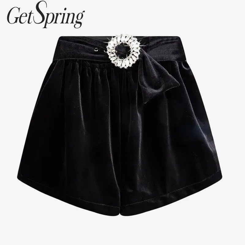Женские велюровые шорты GETSPRING черные винтажные со стразами и эластичной резинкой