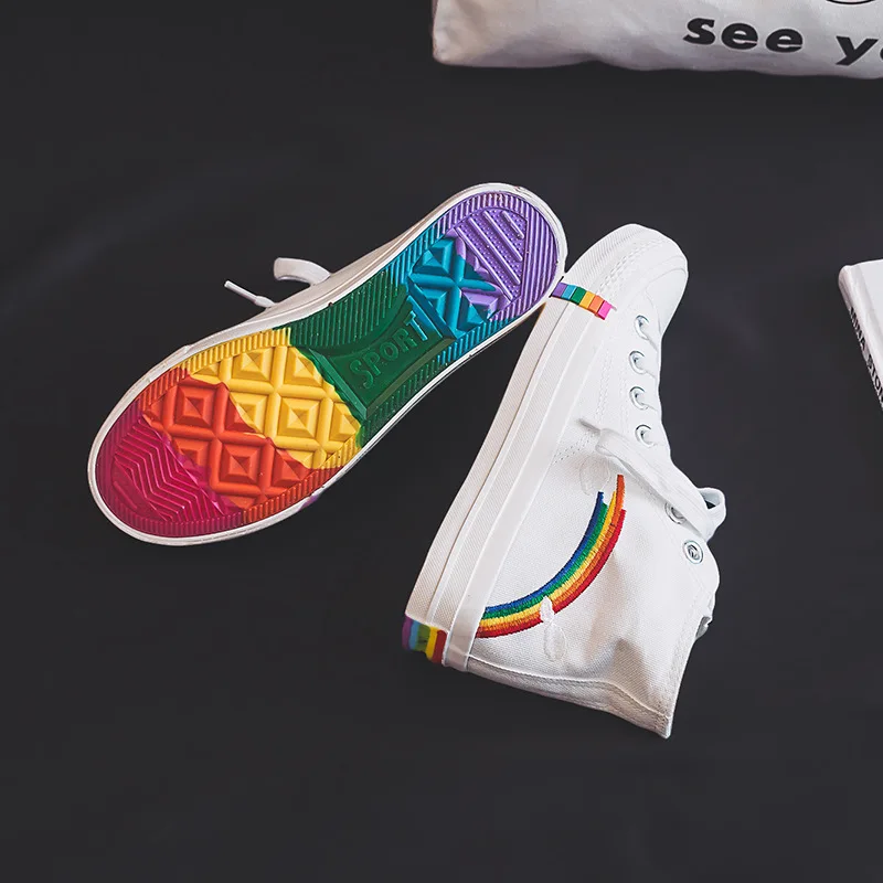 

2019 Autumn New Rainbow High Top Platform Canvas Shoes Women Breathable Student White Casual Sneakers Vulcanize Shoes Woman 638
