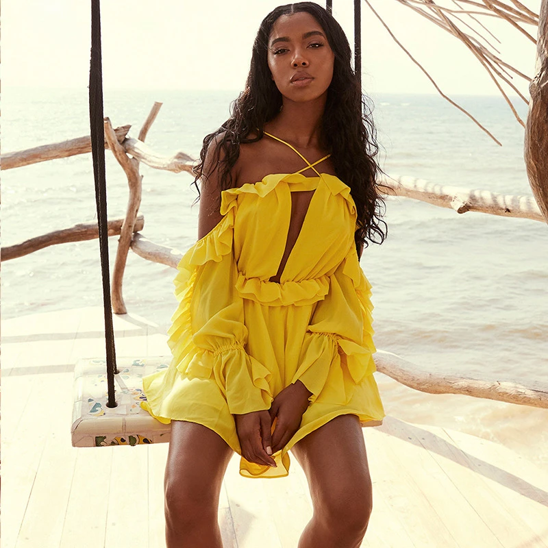 Женское шифоновое платье с рюшами длинным рукавом и поясом|Женские платья| |