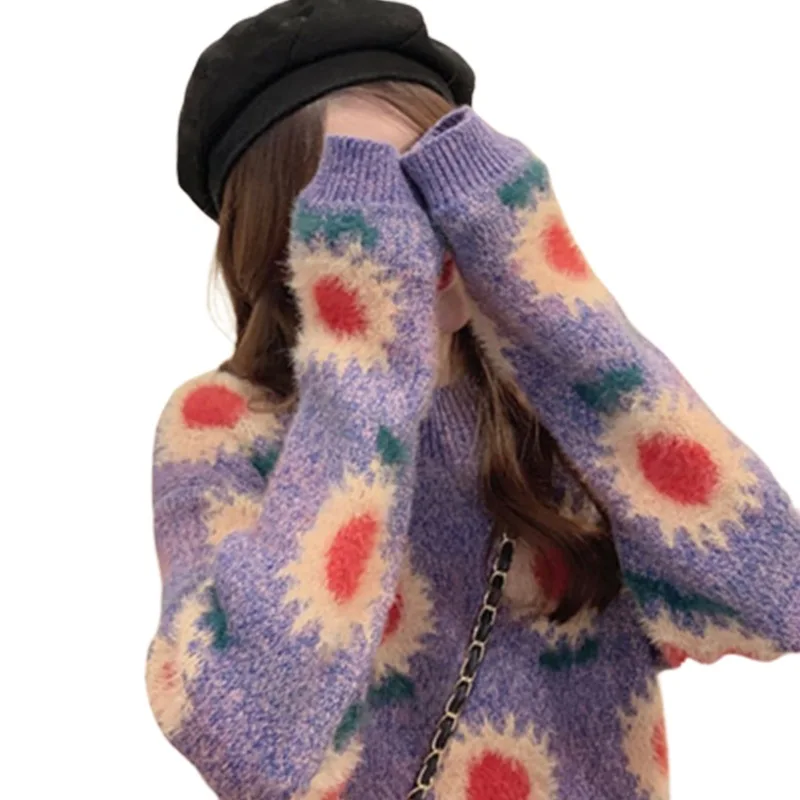 

Autumn and Winter New Sunflower Round Neck Loose Pullover Long Sleeve Knitted Sweater Women Sweaters for Women Winter Clothes