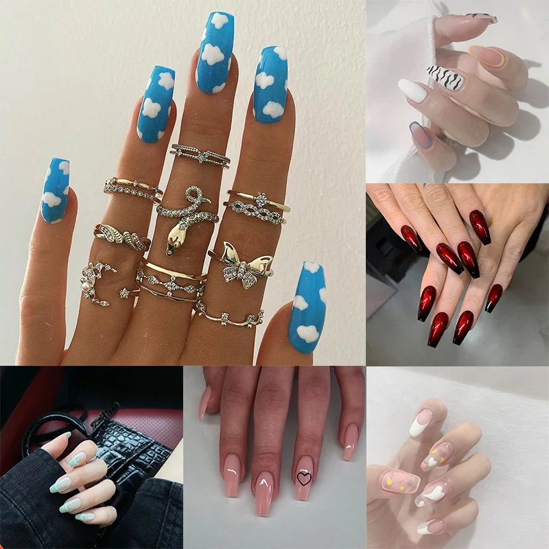 

Sky Blue Nail Art Long Fake Nails Snowflake Matte Ballet Tips Press on False Graffiti Glue Coffin Stick Display Set Full Cover