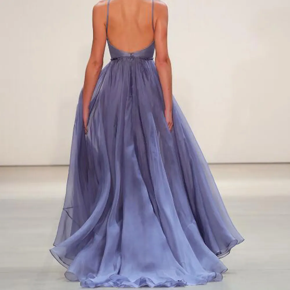 

A-line Spaghetti strap Party Gowns Net/Tulle Sweep/Brush Party Dresses Sleeveless Open back Exquisite Fashion Evening Dresses