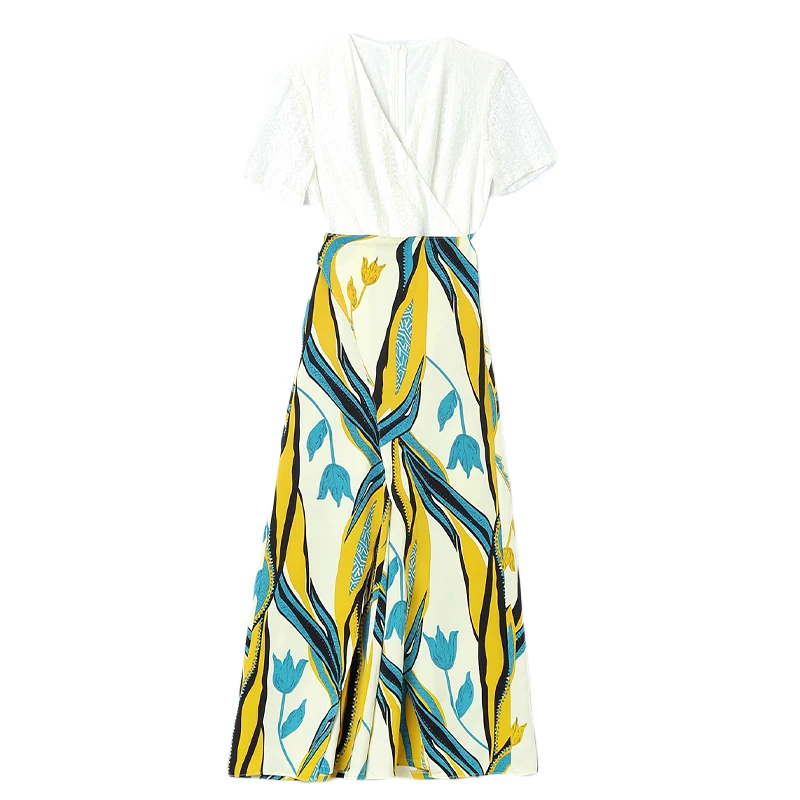 Женский комбинезон с кружевным верхом длинный цветочным принтом и разрезом лето