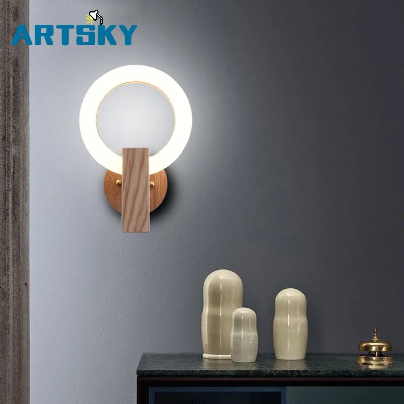 Современная Деревянная настенная лампа с круглым кольцом акриловое