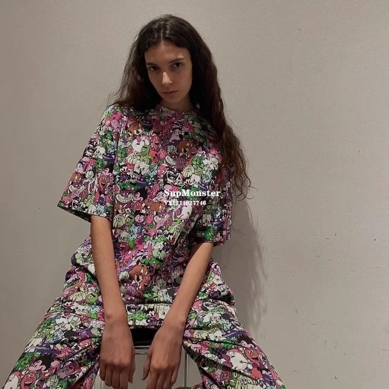 

Vetements T Shirt Men Women Cartoon Pattern Print Loose-sleeved Round-necked T-shirt Casual Comic T-shirt