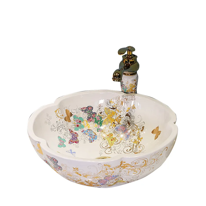 

Multi-color Flower Shape Countertop Art Wash Ceramic Basin Sinks Colorful Butterfly Design