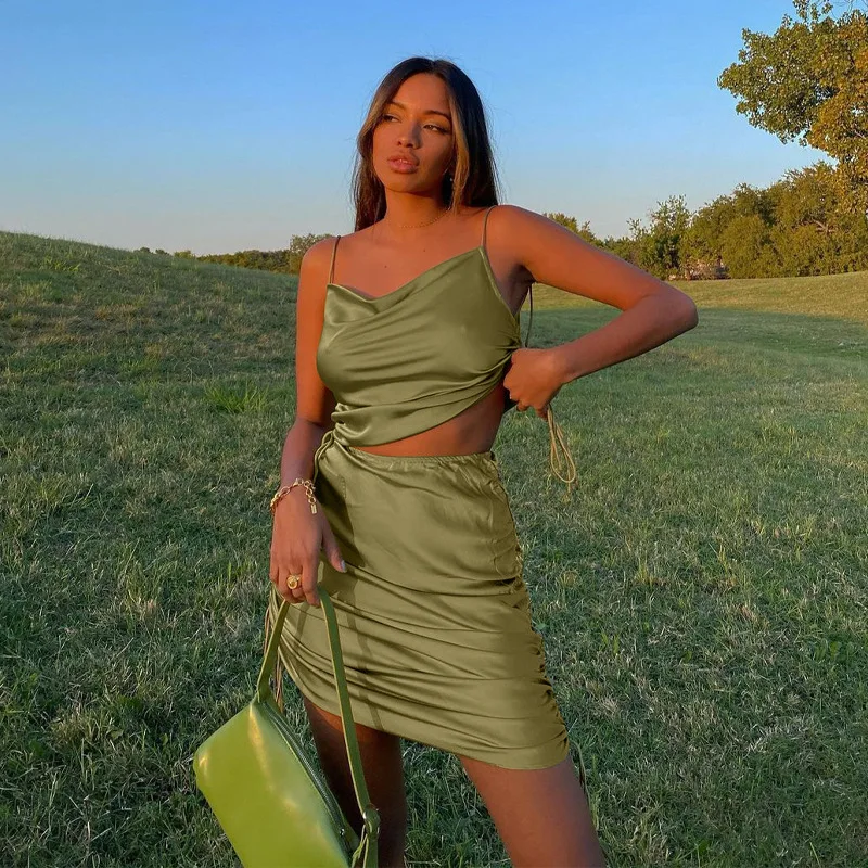 

Fashion Sexy Women's Tracksuit Shirring Ruched Satin Top and Solid Skirts Two Piece Sets Matching Set Suit Backless Summer 2021