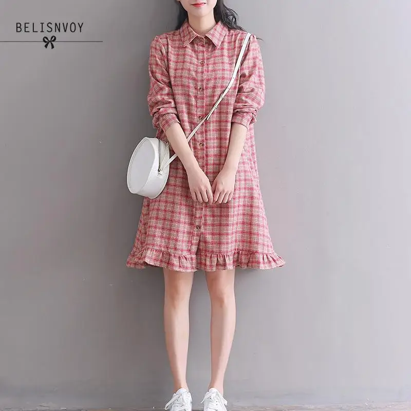 Mori Girl весна осень Kawaii женское мини-платье красное темно-синее винтажное короткое платье в клетку элегантное хлопковое милое платье-рубашка с оборками