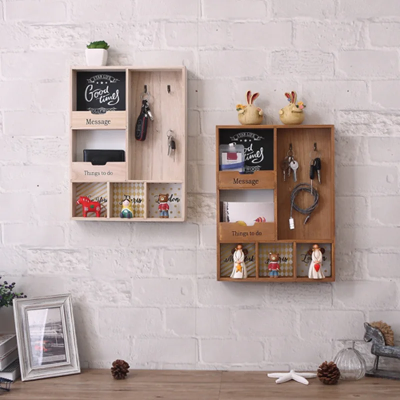 

LIXF Storage Rack Three Layer Hook Hanging Wall Decoration Holder Living Room Keys Holder Kitchen Vestibule Porch Box Log Color