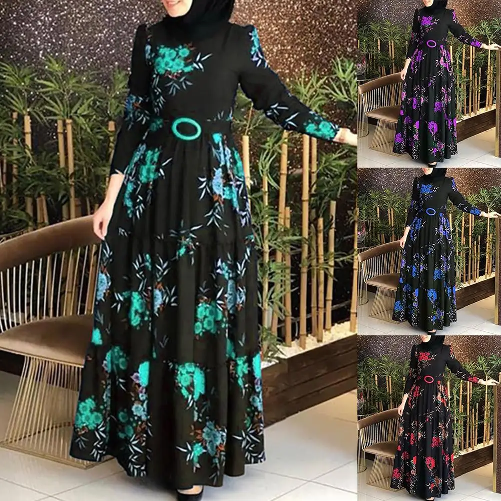 Женское платье с длинным рукавом мусульманский абайя платье в этническом стиле, в ассортименте Цветочный принт ремень Макси костюм, накидк...