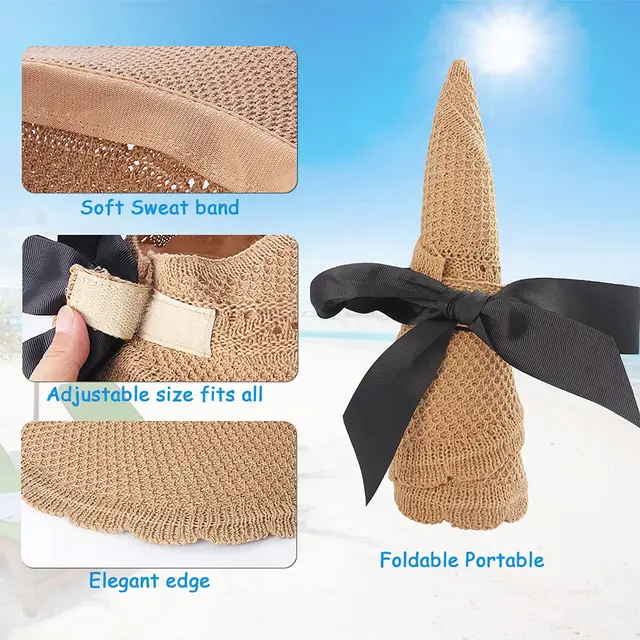 New Fashion Lady Summer Foldable Wide Brim Straw Hats Sun Visors for Women Bow Beach Hat UV Protection 6
