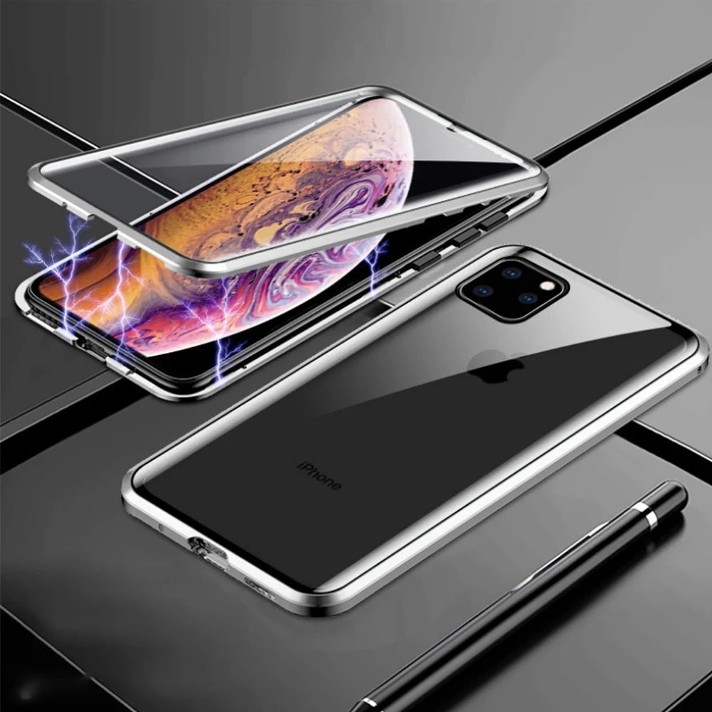 Transparent Silver 1 Магнитный металлический чехол из стекла для iPhone XS MAX XR X 7 8 Plus 11 двухсторонний Магнитный защитный чехол из закаленного стекла для samsung - Цвет: Transparent Silver 1