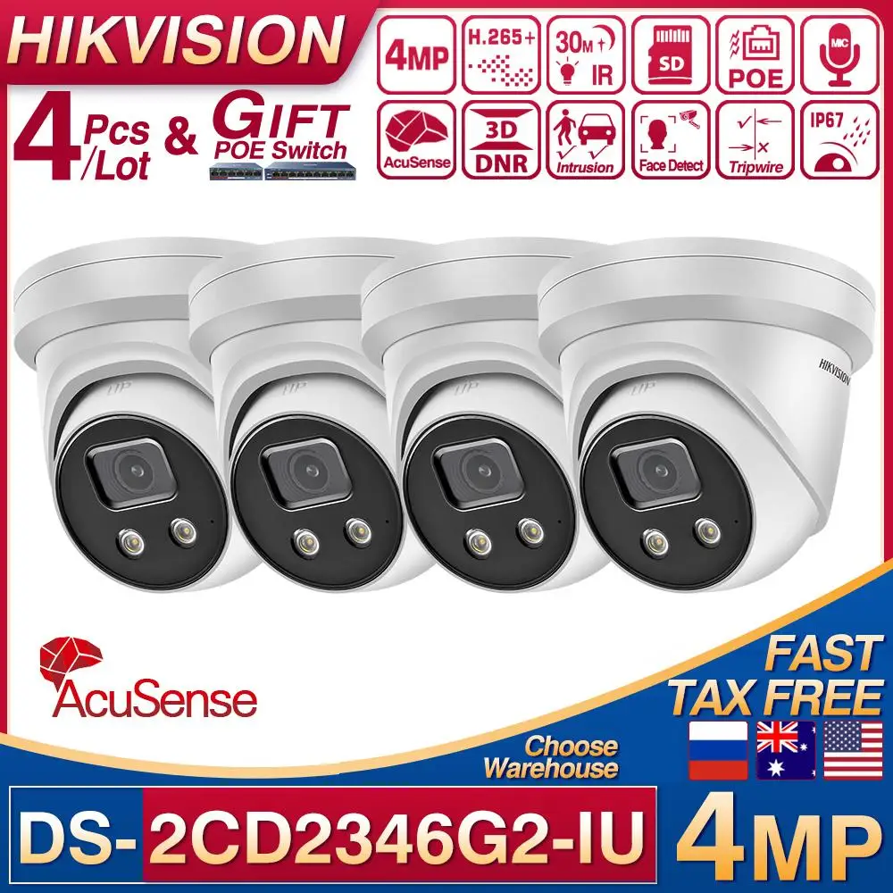 

IP-камера Hikvision, 4 шт./лот, DS-2CD2346G2-IU POE, 4 МП, сетевая, CCTV, IPC, SD-карта, микрофон, 2K, H.265 + 4, Интеллектуальное распознавание лица, AcuSense