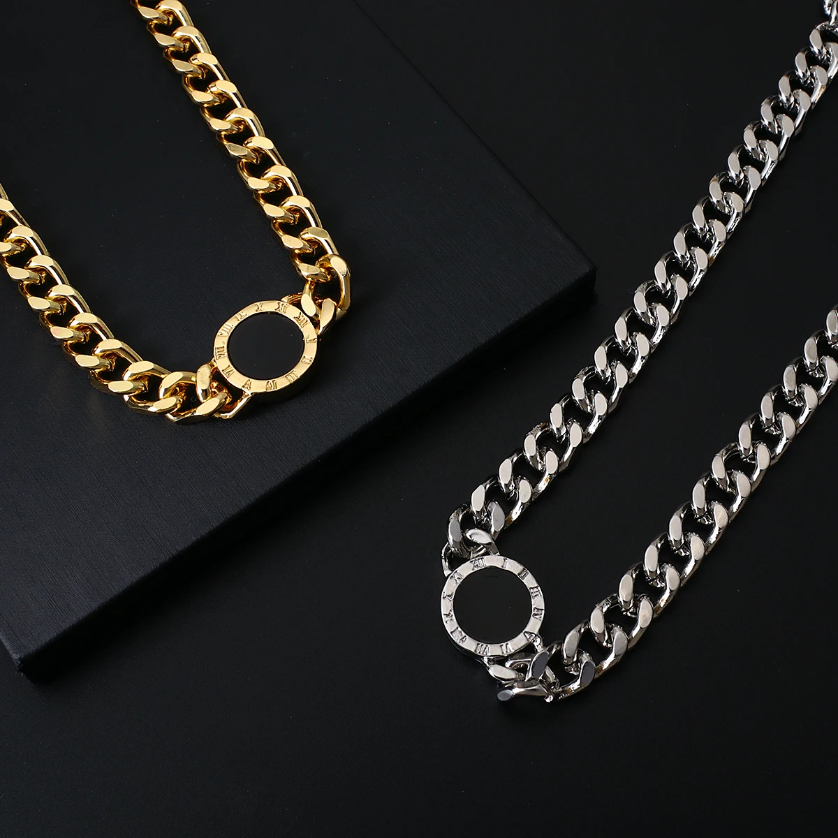 

Trendy Roman Numerals Black Round Necklace Women Men Gold Silver Color Thick Chain Statement Necklaces Collares Jewelry gothic