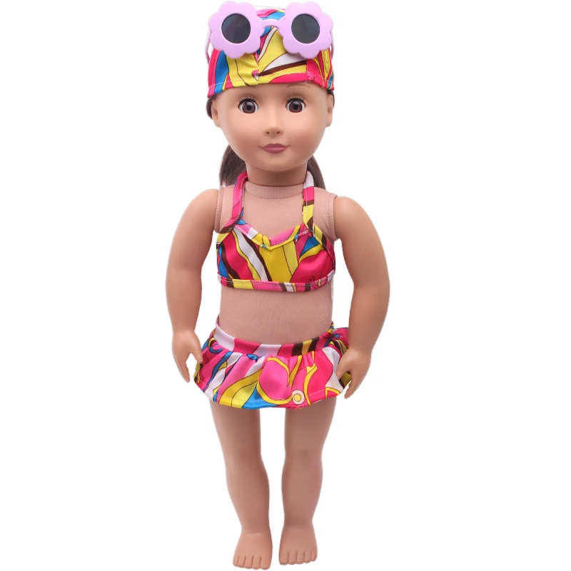 

18 Inch American Doll Girls Irregular Bikini Swimsuit + Glasses + Shoes Newborn Baby Toys Accessories Fit 43 Cm Boy Dolls c335