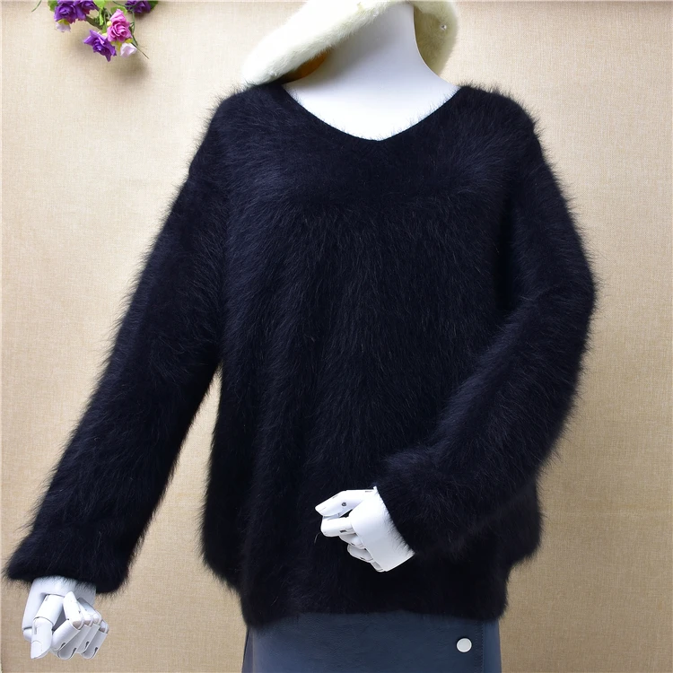 Женский Пушистый кашемировый пуловер из меха норки с V-образным вырезом и
