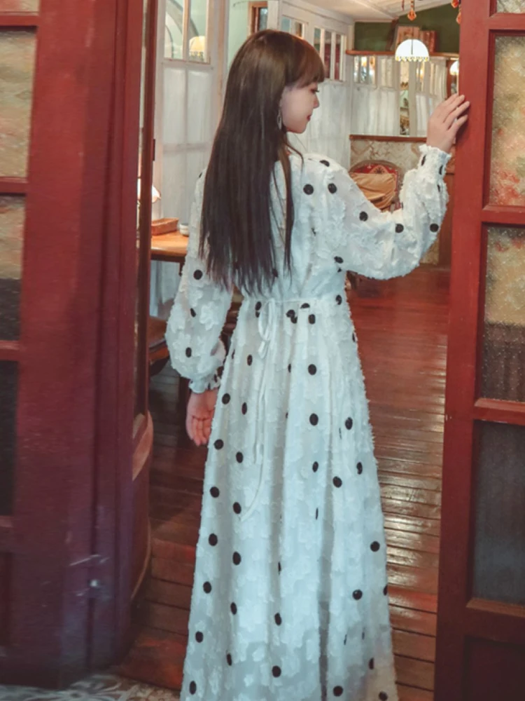 

Summer Couture French Pot-Jacquard Long-Sleeved v-Neck Temperament-Fairy Gown Long Cut Dress Bohemian Holiday Beach Dress