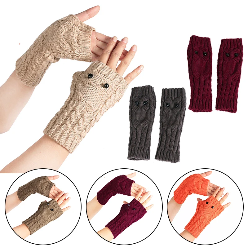

Зимние женские теплые перчатки без пальцев с изображением совы, вязаные рукава, варежки, женские Акриловые эластичные трикотажные перчатки...