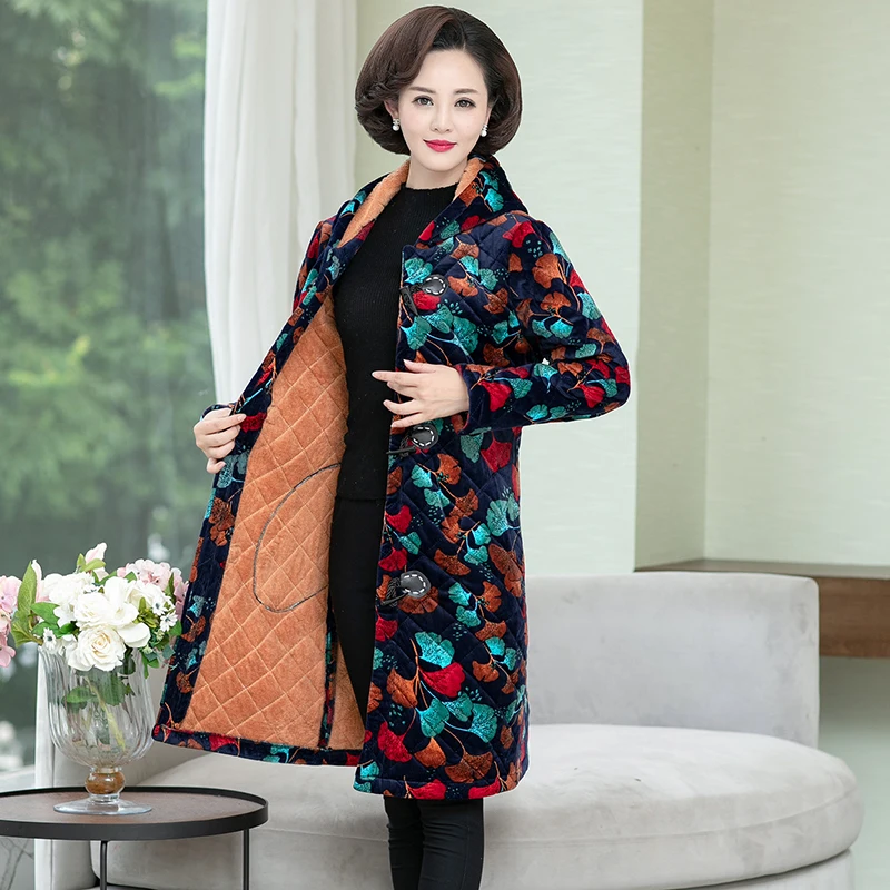 

Middle Age Women Winter Tops Big Size Mother Clothes Plus Large Plus Size 6XL Female Floral Print Parka Thick Warm Coats
