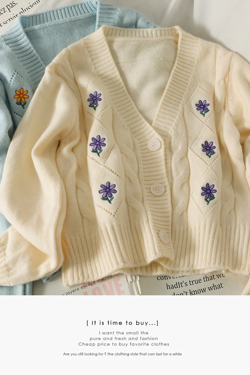 

2021 Autumn Embroidery Flower V-neck Crop Knitwear Korean Style Long Sleeve Single Breasted Loose Cardigan Sweater Women's Tops