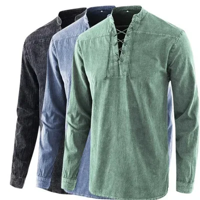 

Men's solid color retro tie loose casual shirt with vertical collar