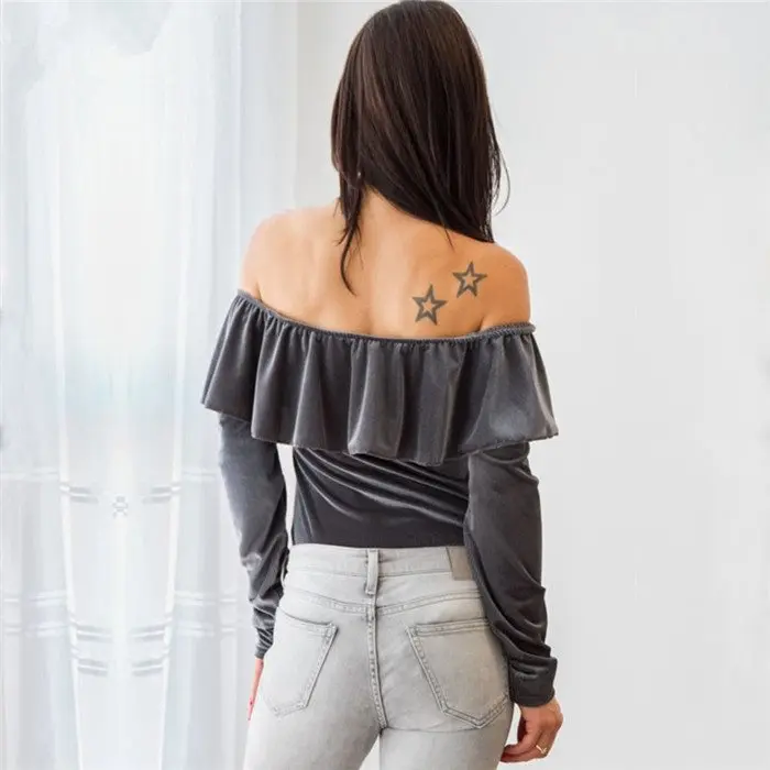 

WEPBEL Women's Casual Long Sleeve Ruffled Stitching Slash Neck T-shirt Spring and Autumn Sexy Solid Color Slim Fit T-shirt