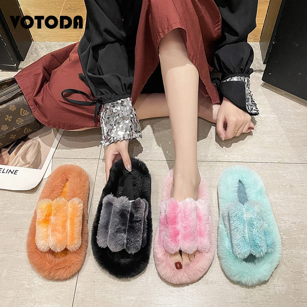 Warm Fluffy Slippers Women Cozy Faux Fur Cross Floor Slides Flat Soft Cute Furry Shoes Ladies Tie Dye Sandals Flip Flop Wholesal
