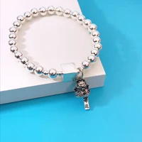 100 real 925 sterling silver beaded links bracelet retro lucky cat glossy 6mm bead flexible chain good fortune lovely cat cute