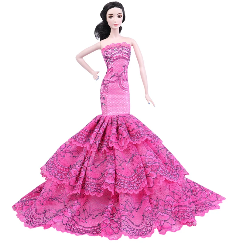 

Fashion Hot Pink Princess Mermaid Off-Shoulder Clothes for Barbie Doll Accessory Party Gown Lace Fishtail Vestidoes 1/6 BJD Toys