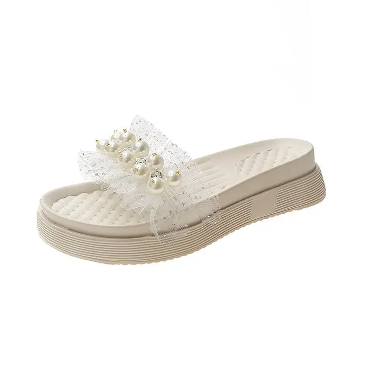 

2021 New Pearl Sandals Summer Women's Muffin Bottom Mid Heel Slippers Women