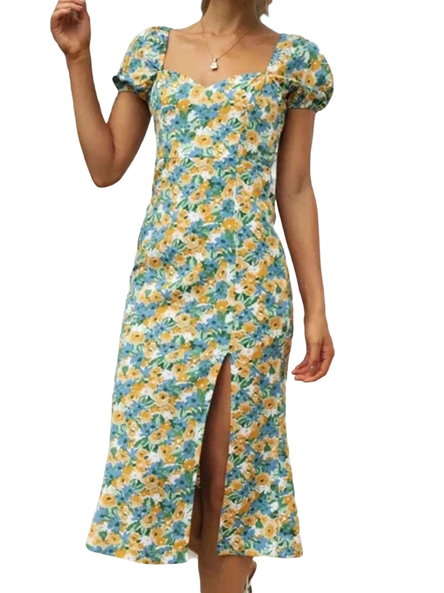 

2021 New Womens Casual Puff Sleeve Dress Summer Fashion Floral High Waist Split A-line Mid-length Dress Fashion