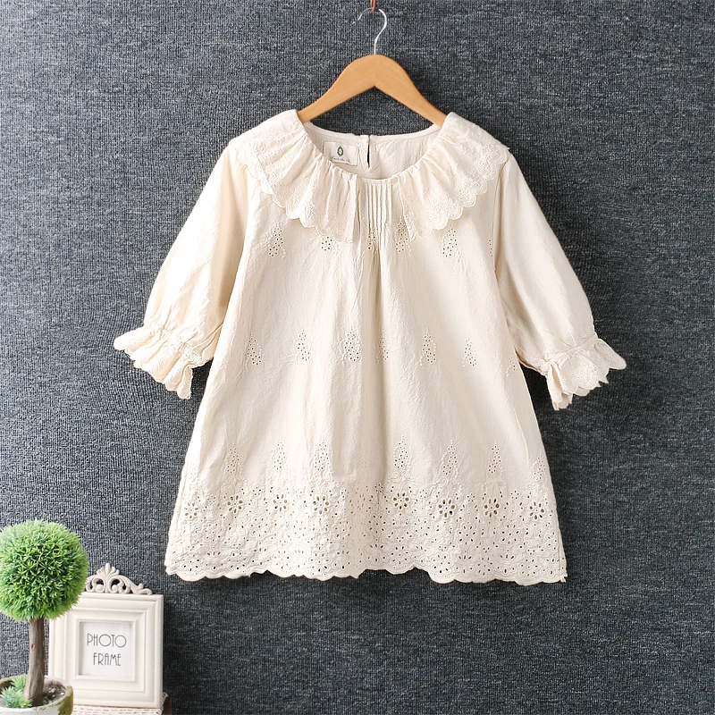 

New spring solid embroidered cotton shirt tops women half sleeve shirt tops