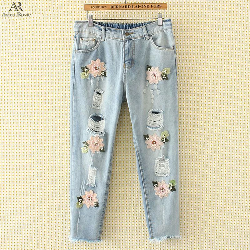 Рваные джинсы для Для женщин с вышивкой свободные брюки длиной до щиколотки