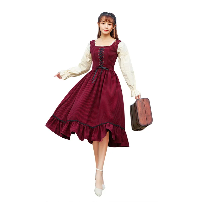 

French girl's striped lace up dress new spring dress art waist swing dress Republic of China style long dress
