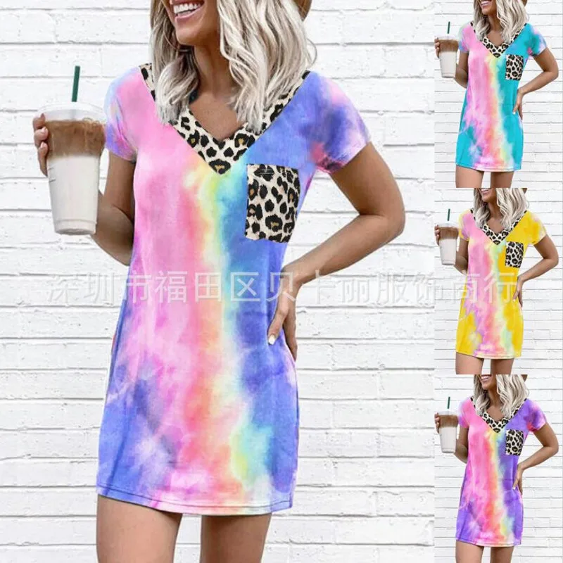 Женское пляжное платье с коротким рукавом разноцветное мини принтом радуги и