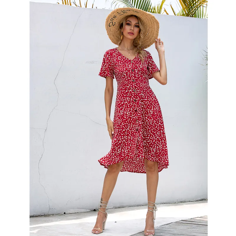 

Women's Floral Print Dress V-Neck Single-breasted Elastic Waist Holiday Casual Dresses Short Sleeves Lady's Summer Dresses