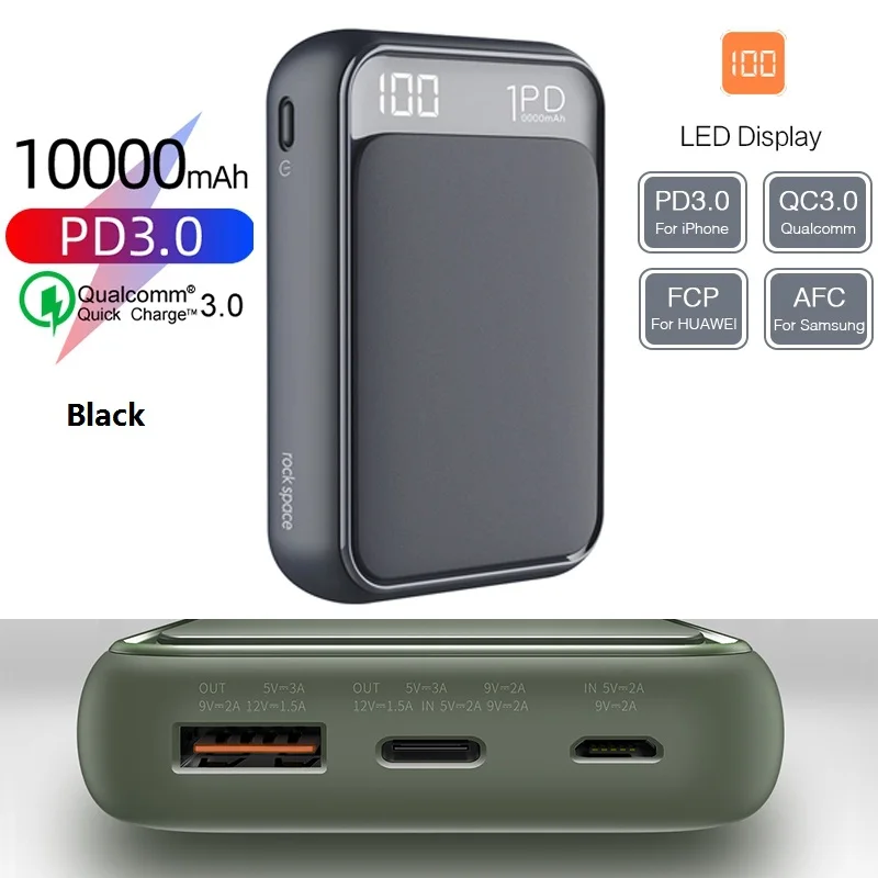 10000 мАч Внешний аккумулятор для xiaomi Внешний аккумулятор ROCK Mini портативный ультратонкий полимерный аккумулятор для iPhone SamSung xiaomi внешний аккумулятор - Цвет: LED Display Black