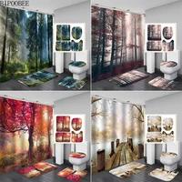 Forest Trees Plants Bathroom Curtains Natural Scenery Shower Curtain Set Bath Mats Rugs Flannel Toilet Cover Mat Pedestal Rug