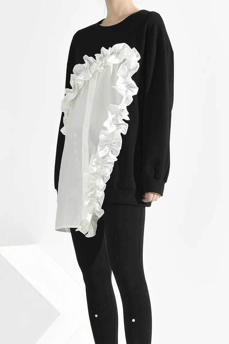 LANMREM 2021 Новая модная женская Лоскутная Толстовка с длинным рукавом и оборками